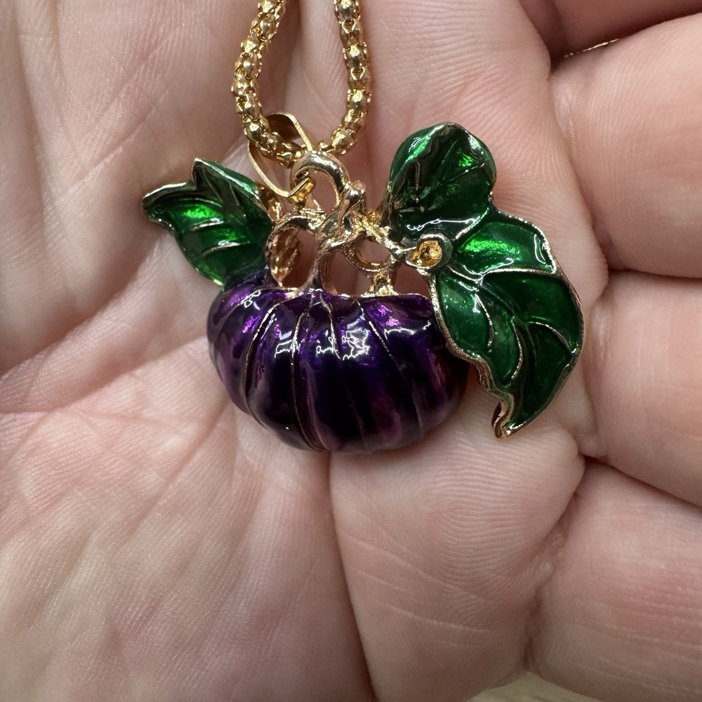 Betsey Johnson Pumpkin Brooch Pendant Necklace Purple Green Fall - Picture 4 of 7